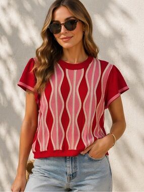 THML Donnelly Sweater Red Pink Wavy Stripe Knit Short Sleeve Top L